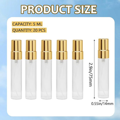 Zorfeter 20 PCS Clear 5ml Atomizer Glass Mist Spray Bottle, Refillable Mini Perfume Atomizer Travel Sample Bottle, Golden Makeup Container for Perfume/Travelers