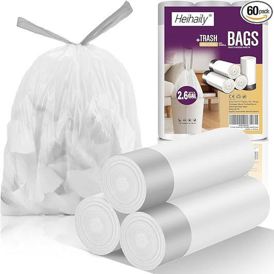 2.6-Gallon Trash Bags Heavy Duty - Heihaily Drawstring Kitchen Garbage Bags for Office/Bathroom, Leak-Proof Design, Odor Control Technology, Small Plastic Bags Clear(60 Count)