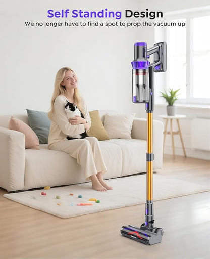 Cordless Vacuum Cleaner, 600W 50KPA 70Min Vacuum Cordless Stick Vacuum Cleaner with Self-Standing and Touch Screen, Anti-tangle Wireless Vacuum, Vacuum Cleaners for Home/Pet Hair/Carpets/Floors