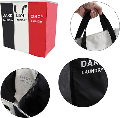 168L Laundry Hamper, Large Blanket Storage Basket Sorter 3 Section Bag Organizer for Dirty Clothes - Toys - Towel,15 X 23 X 28 inch Heavy Duty Laundry Cart Baskets (Black and white red bag)