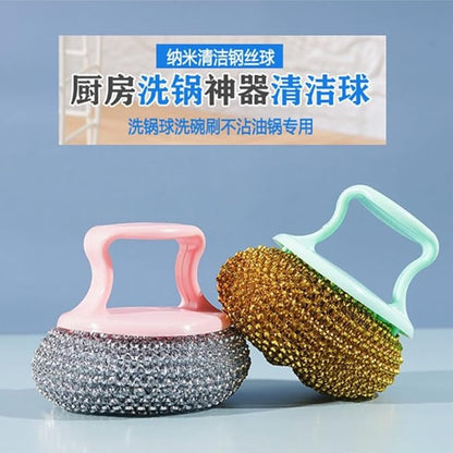 Stainless Steel Dish Scrubber Pot Brush Can Be Disassembled and Washed, Kitchen Cleaning Ball Does ，Not Damage Pot Strong Cleaning Brush (Green Handle Steel Wire Ball)