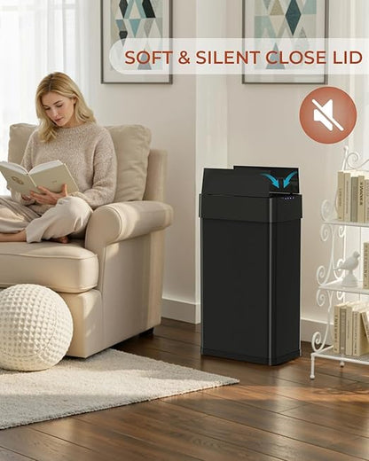 TLSUNNY 18.5 Gallon Automatic Trash Can, Stainless Steel Motion Sensor Garbage bin, Smart Trash Can W/Butterfly Lid, Bag Retainer Ring and Display Light for Living Room,Kitchen,Office (Black, 70L)