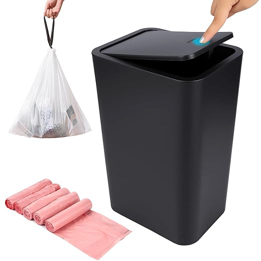 4 Gallon (15L) Slim Dog-Proof Trash Can with Press Pop-Up Lid - Odor-Blocking Small Garbage Can Includes 75 Trash Bags, Space-Saving Design for Bedroom, Kitchen, Bathroom & Office