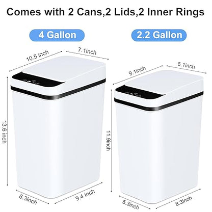 Anborry Bathroom Trash Cans with Lid 2 Pack Touchless Automatic Motion Sensor 2.2 Gal & 4 Gal Small Garbage Can, Smart Electric Narrow Garbage Bin for Bedroom Office Kitchen (White)