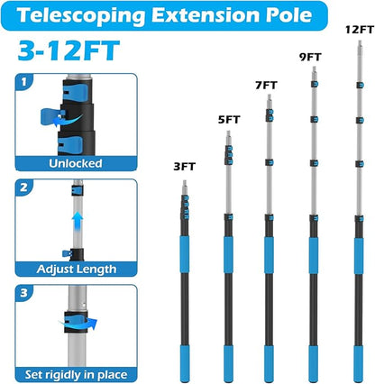 16FT Reach High Ceiling Duster Kits with 3-12FT Adjustable Pole - Includes Extra Long Duster, High Ceiling Duster, Rotatable Window Squeegee & Cobweb Duster for Ceiling Fans and Whole House Cleaning