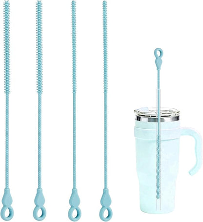 Silicone Straw Cleaner Brush, 4Pcs Reusable Straw Brush Set with Extra-Long Design for Cleaning Thin Metal Straws and Wider Milkshake Straws （6mm+9mm Blue)