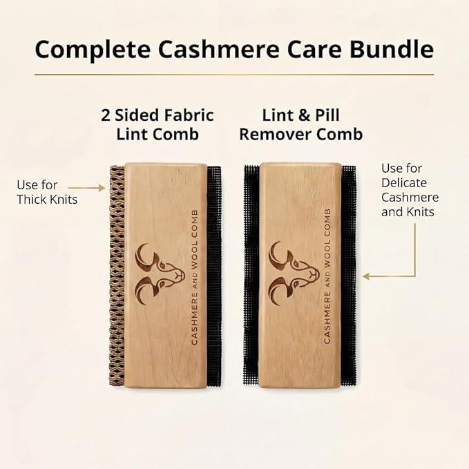Cashmere Comb and Sweater Shaver Set (2 Pack) – Sweater Shavers to Remove Pilling, Fuzz & Pills from Cashmere, Wool and Clothing - Premium Double Sided Fabric Shaver & Wooden Sweater Comb