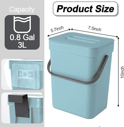 Compost Bin Kitchen, for use on Countertops or Under Sinks, Hanging Trash Can with Lid, for Cupboard/Bathroom/Bedroom/Office/Camping, Mountable Indoor Compost Bucket(Blue 1.3 Gallon/5L)