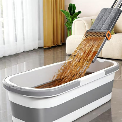 Bucket with Wringer Set, 6 Piece Microfiber Flat Mop Cleaning System with Long Handle, Hands Free Floor Cleaner for Hardwood, Tile & Wall (1 Mop + 6 Microfiber Pads + 1 Bucket)