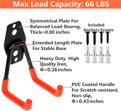 Garage Utility Double Hooks,Heavy Duty Steel Wall Mount Storage Organizer with Anti-Slip Coating,Load Capacity 66 LB (4 Pack Orange 3" U Hook)
