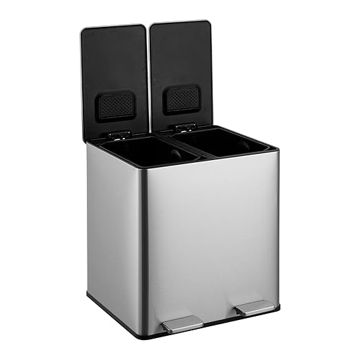 Kitchen Trash Can, 2x4 Gallon Rectangular Kitchen Waste Bin, Dual Separate Compartment Recycle Bin with Removable Plastic Inner Buckets, Soft Step-on with Lid