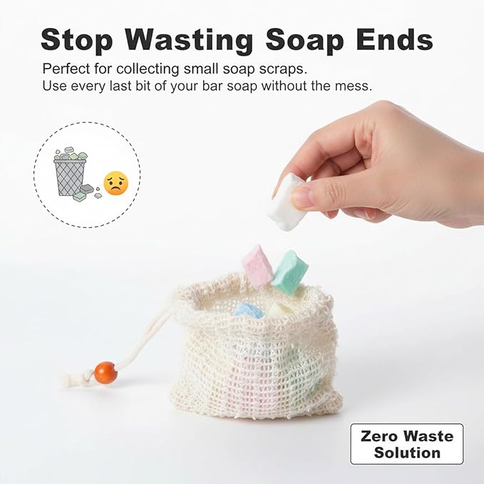 5 Pcs Soap Bar Bags Natural Sisal Bar Soap Sock Saver Net Loofah Pouch Exfoliating Foaming Mesh Quick-Drying Net for Shower