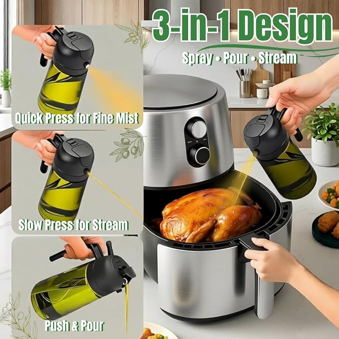 Oil Sprayer for Cooking, 2-in-1 Olive Oil Sprayer and Dispenser, 16oz Fine Mist Oil Mister (2pcs), Grilling Spray Bottle, Dark Glass Light-Blocking Spray Bottle for Air Fryer, BBQ, Baking, Salad