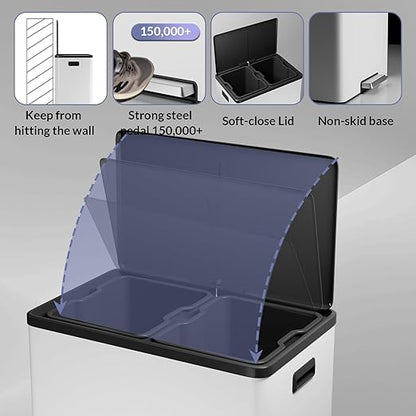 Large Stainless Steel Dual Compartment Recycling Trash Can 60 l/16 Gal Recycle Bins with Lid Waste Bin with Removable Buckets, Bathroom,Kitchen Garbage Can,White
