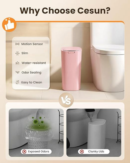 Cesun Motion Sensor Trash Can, 5 Gallon Automatic Bathroom Garbage Can with Lid, Touchless Smart Plastic Slim Wastebasket for Bathroom, Office, rv, Bedroom, Living Room, Pink