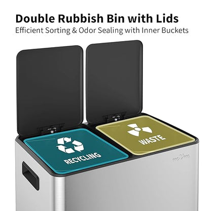 mVm 10.6(2x5.3) Gal Dual Trash Can, Kitchen Trash Can with ABS Lids, 2 Compartment Stainless Steel Recycle Bin for Home Kitchen Office (Silver)