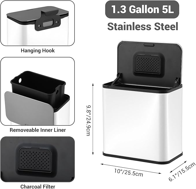 GarveeHome 1.3 gal/5L Countertop Compost Bin with Lid, Hanging Small Trash Can with Odor Control Charcoal Filter ＆ Bucket Under Sink for Kitchen, Hanging/Wall Mounted/Standing Food Waste Bin, White