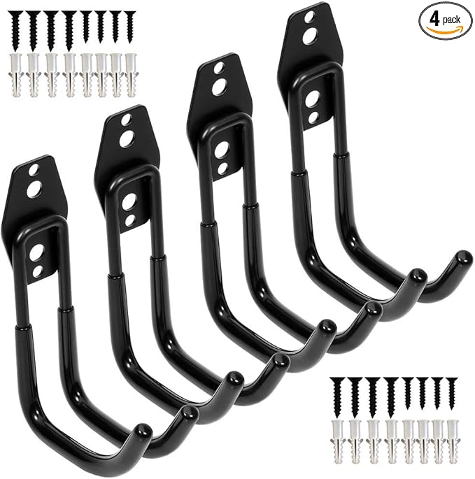 Heavy Duty Garage Storage Utility Double Hooks, Wall Mount Tool Holder Organizer with Anti-Slip Coating (4 Pack Black 4.2" Large Round J Hook)