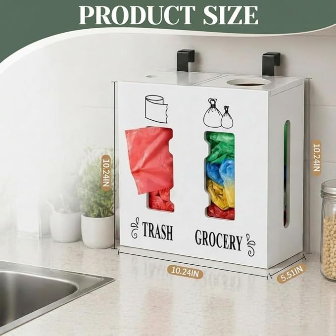 2 in 1 Trash Bag Dispenser and Grocery Bag Holder, Large Wooden Trash Bag Holder,Trash Bag Dispenser for Grocery Bags and Plastic Bags,Kitchen Cabinet Under Sink Organizers and Storage