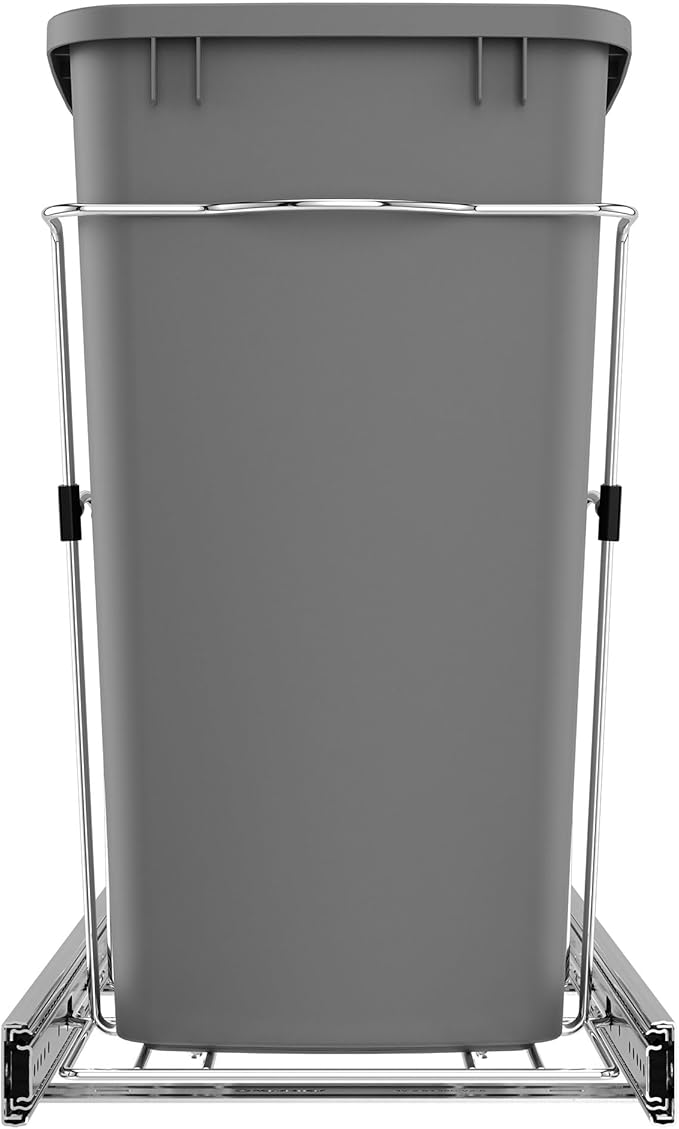 Rev-A-Shelf Single 35 Qt Pullout Trash Can for Base Kitchen Cabinets, Garbage Waste Bin System with Full Extension Slides, Min Opening Width of 11.5", Metallic Silver, RV-12KD-17C S