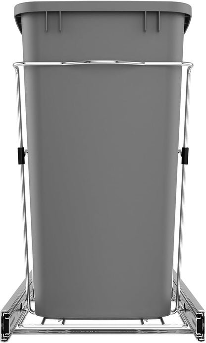 Rev-A-Shelf Single 35 Qt Pullout Trash Can for Base Kitchen Cabinets, Garbage Waste Bin System with Full Extension Slides, Min Opening Width of 11.5", Metallic Silver, RV-12KD-17C S