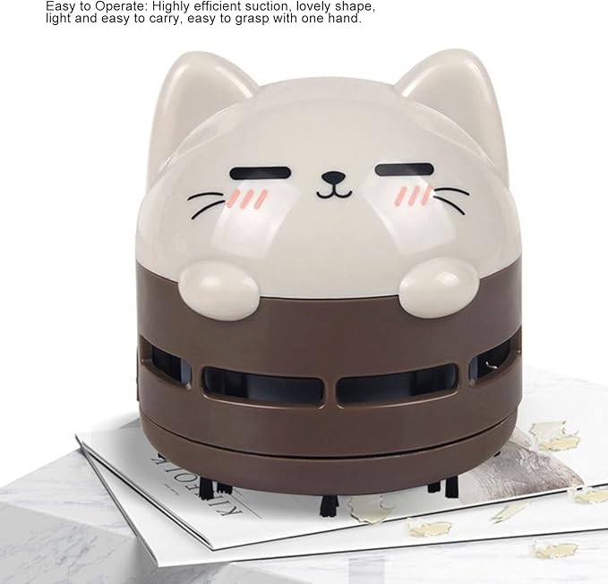 Mini Desktop Vacuum Cleaner, Cute Cartoon Desk Cleaner Strong Adsorption Table Vacuum with Detritus Bin for Cleaning Crumbs Dust (Brown)