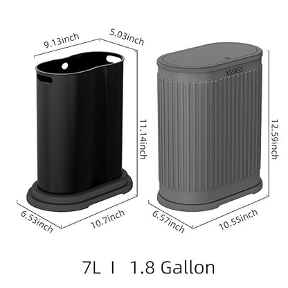 KSSKSS 1.8 Gallons Small Stainless Steel Trash Can with Press Type Lid, Slim Bathroom Garbage Bin, Removable Liner Bucket, Dog Proof Narrow Wastebasket with Pop-Up Lid for Bedroom,Toilet (Gray)