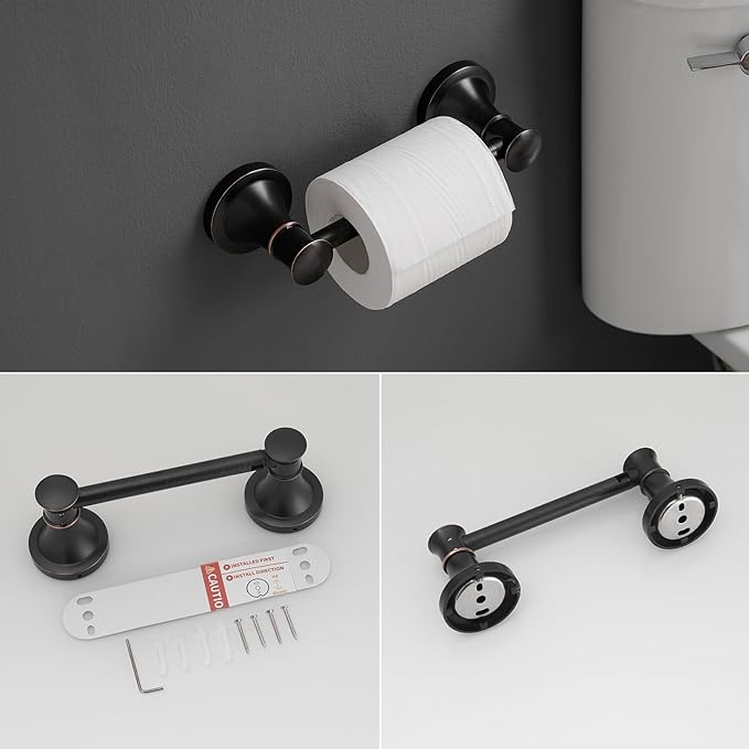RUMOSE Toilet Paper Holder and Hand Towel Ring Oil Rubbed Bronze Wall Mount Bathroom Hardware Accessories 2 PCS Set Flexible Pivoting Toilet Tissue Roll Holder and Towel Hanger, Stainless Steel