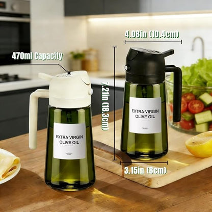Oil Sprayer for Cooking, 2-in-1 Olive Oil Sprayer and Dispenser, 16oz Fine Mist Oil Mister (2pcs), Grilling Spray Bottle, Dark Glass Light-Blocking Spray Bottle for Air Fryer, BBQ, Baking, Salad