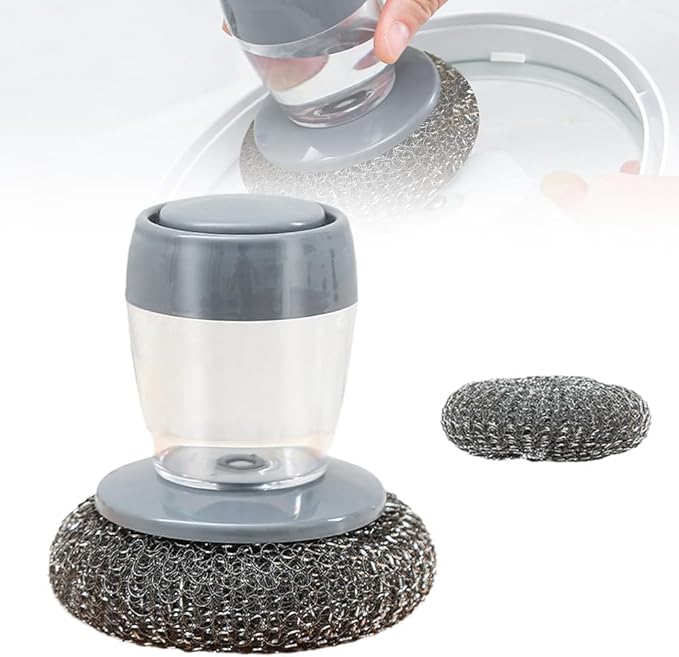 Multifunctional Pressing Cleaning Brush, Kitchen Soap Press Dispensing Brush, Metal Sponge with Detergent Dispenser (Stainless Steel)