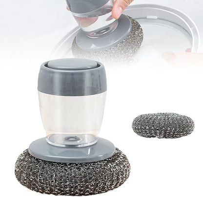 Multifunctional Pressing Cleaning Brush, Kitchen Soap Press Dispensing Brush, Metal Sponge with Detergent Dispenser (Stainless Steel)