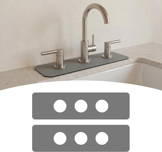 2PCS Faucet Mat for Bathroom Sink 3 Holes: 18’’Lx5.5’’W Splash Guard Fits 8 Inch Widespread Faucet for Vanity & Vintage Bridge Kitchen Faucet - Trimmable Drip Catcher for Irregular Sink, Grey