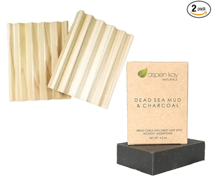 Dead Sea Mud & Charcoal Soap - Natural and Organic Ingredients & 2 Pack Soap Bar Dish, Draining Dish - 100% Natural Poplar Wood, No Chemical Varnish