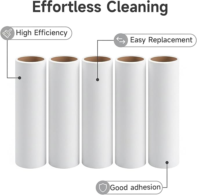 5 Pack 9.5 Inch Lint Roller Refills, 60 Sheets Per Roll - 300 Total Sheets | Sticky Adhesive Lint & Pet Hair Remover for Clothes, Furniture, Car Seats & Bedding (5, 9.5 Inch)
