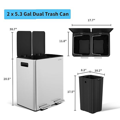 mVm 10.6(2x5.3) Gal Dual Trash Can, Kitchen Trash Can with ABS Lids, 2 Compartment Stainless Steel Recycle Bin for Home Kitchen Office (Silver)