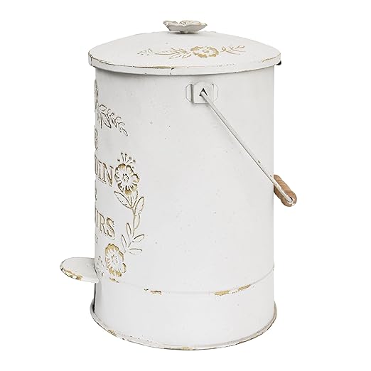 Rustic Farmhouse Decor Trash Can with Lid and Pedal Retro Handmade Distressed Design Pattern Round Garbage Cans Recycling Waste Bin for Home Patio Yard Bathroom Kitchen Garden Living Room White&Gold
