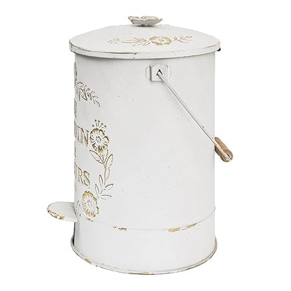 Rustic Farmhouse Decor Trash Can with Lid and Pedal Retro Handmade Distressed Design Pattern Round Garbage Cans Recycling Waste Bin for Home Patio Yard Bathroom Kitchen Garden Living Room White&Gold