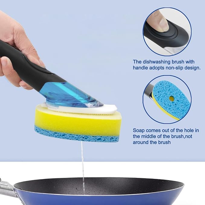 CELOX Dish Sponge with Handle for Pot Pan Sink Cleaning, Soap Dispensing Dish Sponge