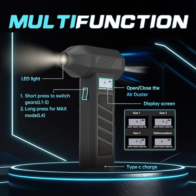 Electric Air Duster with Light - 130000RPM Cordless Blower for SUP Pump, Inflatable Paddleboard, Rechargeable Brushless Motor, 4-Speed for Computer, Keyboard, Car, Home, Outdoor Cleaning