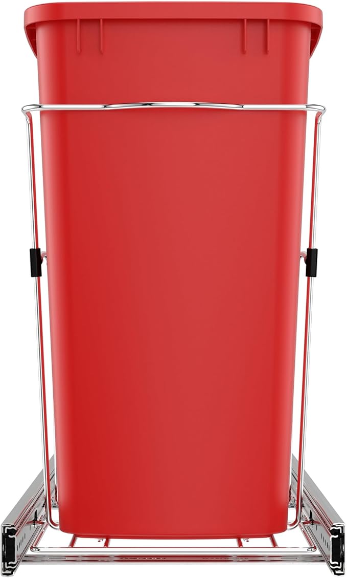 Rev-A-Shelf Pullout Trash Can for Kitchen Cabinets 35 Qt Garbage Waste Recyling Bin with Full Extension Slides, Red, RV-12KD-16C-S