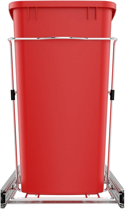 Rev-A-Shelf Pullout Trash Can for Kitchen Cabinets 35 Qt Garbage Waste Recyling Bin with Full Extension Slides, Red, RV-12KD-16C-S