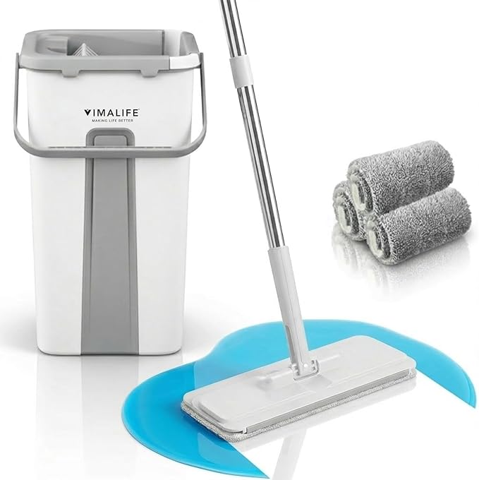VIMALIFE Mop and Bucket Set with Wringer, Self Cleaning Flat Mop and Bucket System, 2 Parts Bucket Wash & Dry System, 360° Rotating, 3 Microfiber Pads Included Ideal for Homes, Floor & Wall Ceilings