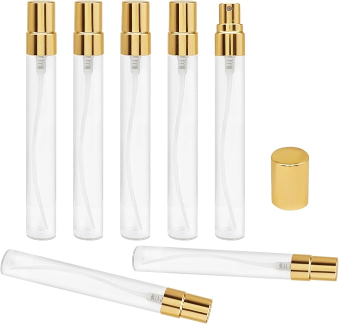 Zorfeter 20 PCS Clear 10ml Atomizer Glass Mist Spray Bottle, Refillable Mini Perfume Atomizer Travel Sample Bottle, Golden Makeup Container for Perfume/Travelers