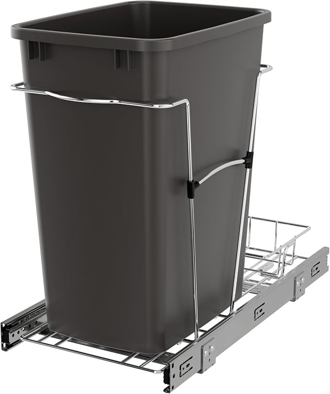 Rev-A-Shelf Single 35 Qt Pullout Trash Can for Base Kitchen Cabinets, Garbage Waste Bin System with Full Extension Slides, Min Opening Width of 11.5", Orion Gray, RV-12KD-13C-S