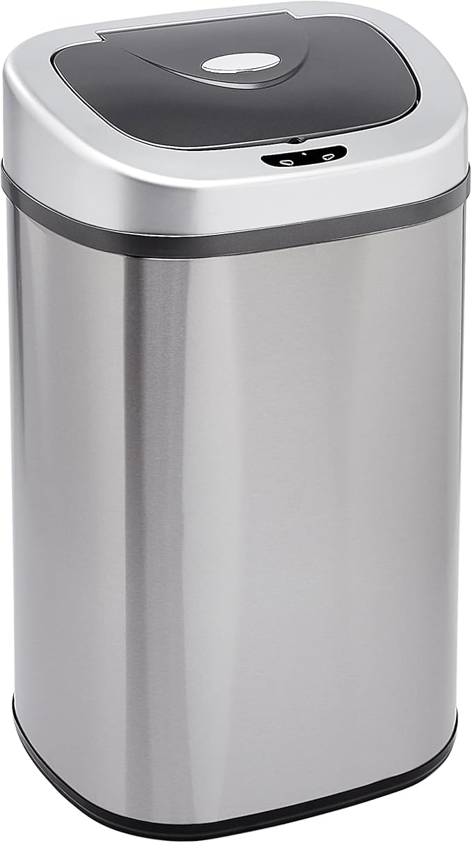 Amazon Basics Automatic Dual Compartment Trash Can with Lid, Hands-Free, Fingerprint Resistant, Odor Control, Stainless Steel, D-Shaped, 80 l, 2 Bins