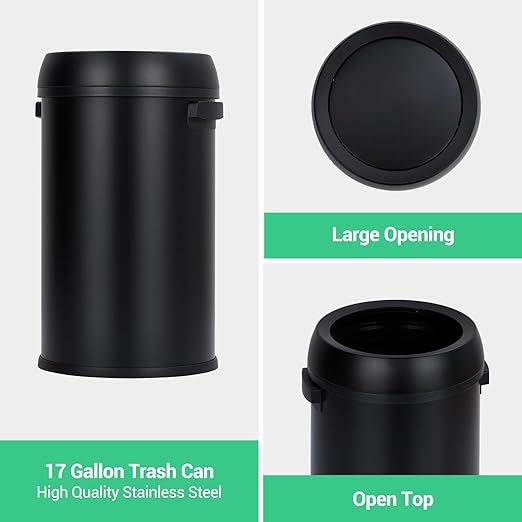 Garvee 65 L/17 gal Open Top Trash Can, Fingerprint-Proof Stainless Steel Garbage Can, Heavy Duty Commercial Round Trash Bin for Kitchen, Outdoor, Home, Office, Silver