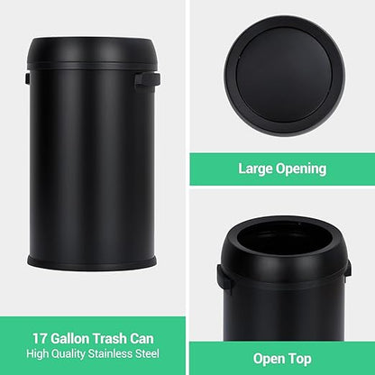 Garvee 65 L/17 gal Open Top Trash Can, Fingerprint-Proof Stainless Steel Garbage Can, Heavy Duty Commercial Round Trash Bin for Kitchen, Outdoor, Home, Office, Silver