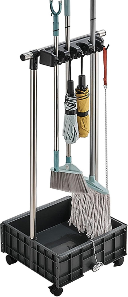 Mop and Broom Holder Cleaning Supplies Mop Bucket Garden Tool Organizer Cleaning Carts on Wheels Freestanding Broom Closet Storage Cabinet Mop Sink for Ho(One Color-4 Slots 5 Hooks