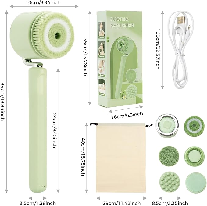 Electric Body Bath Brush for Shower, Rechargeable Body Brush with Detachable Long Handle and 5 Heads, 3 Speeds Bath Brush for Skin Care, Basic Cleaning and Massage (Sliver)