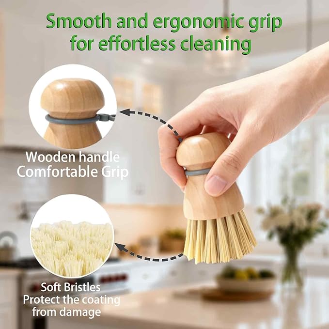 2 Pack Wooden Dish Brush, Compact Palm Dish Scrubber with Soft Rubber Hanging Ring, PBT Bristles Kitchen Scrub Tool for Dishes, Pots, Pans and Sink Cleaning